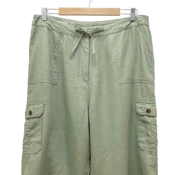 J. Peterman 100% Linen Celery Green Cropped Cargo Pants Size 14 Flowy Lagenlook - Picture 4 of 8